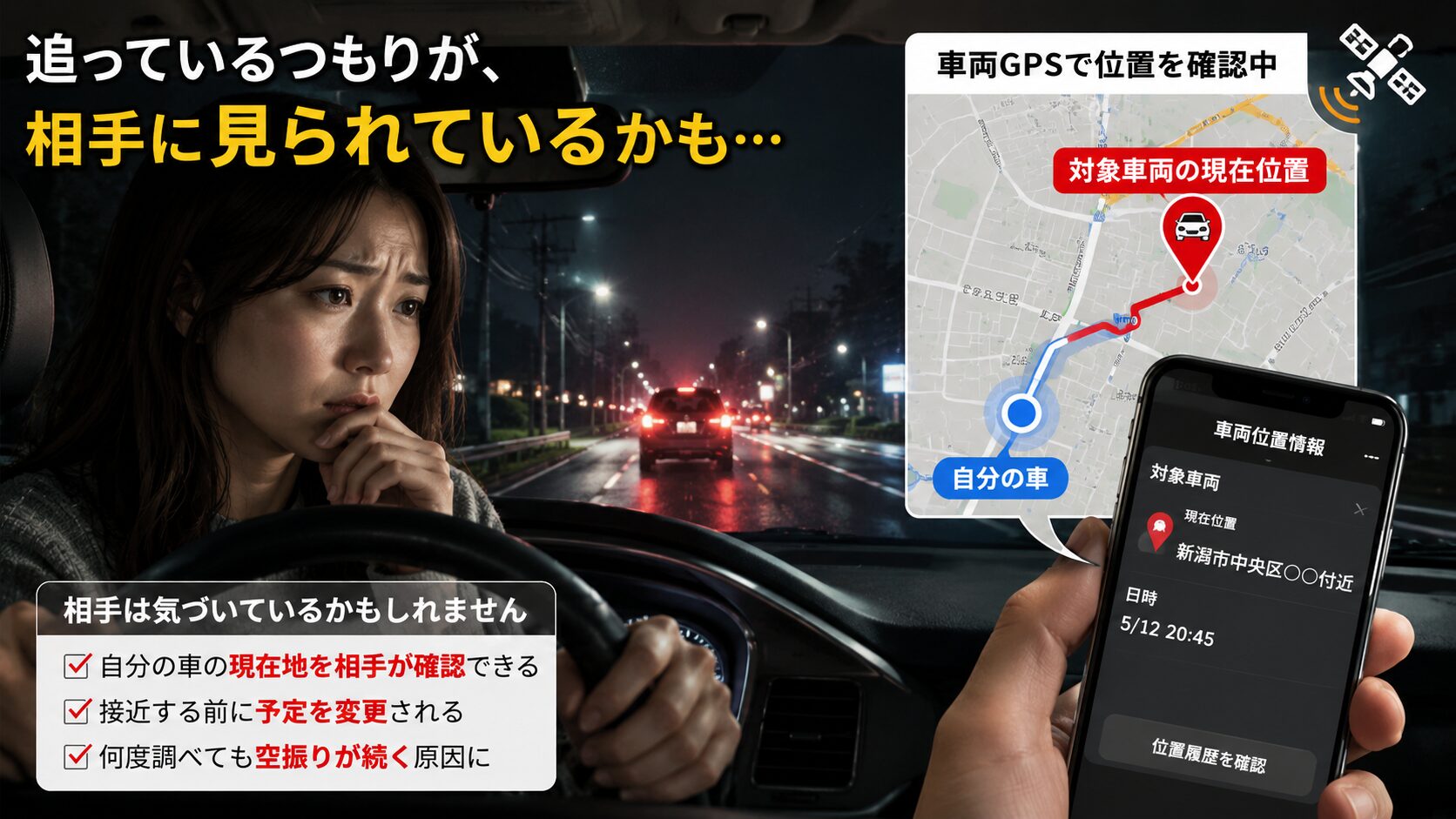 新潟で浮気調査のため車を追うものの車両GPSで位置を把握されている状況