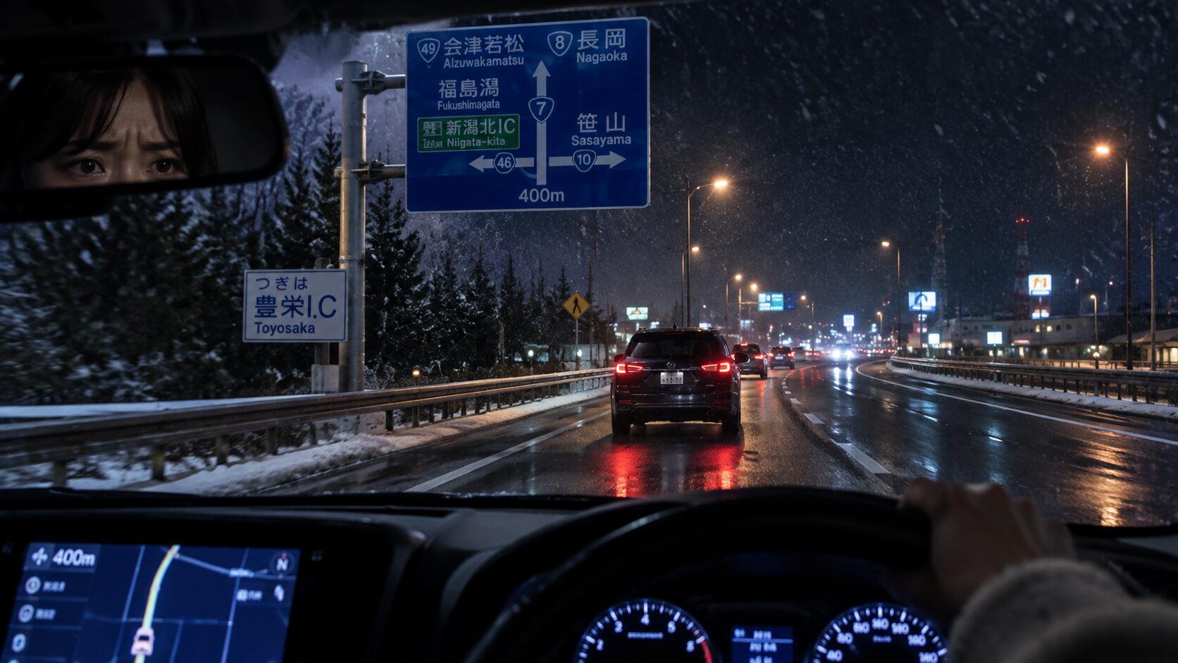 夜間の新潟のバイパスで浮気を疑うパートナーの車を追う場面
