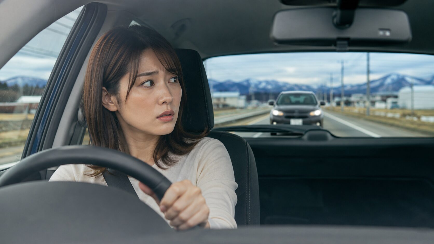 新潟の道路で後方の見慣れない車を何度も見かけ尾行されているのではと不安になる人物
