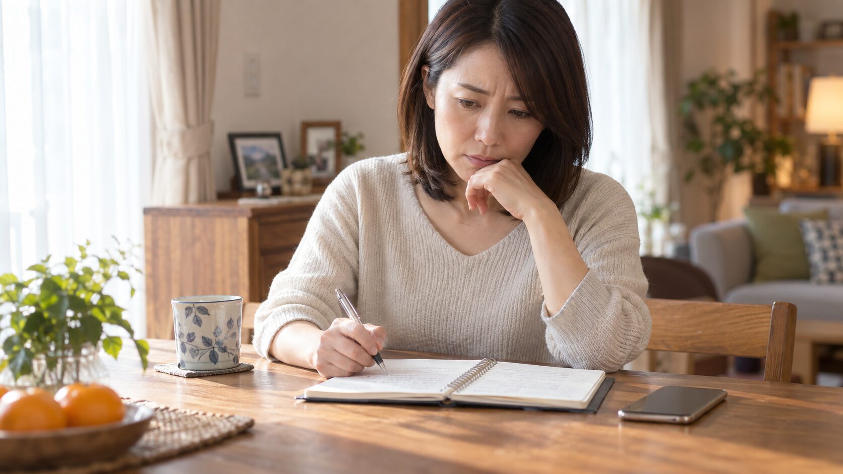 新潟で夫の帰宅時間や行動の変化をノートに整理する女性