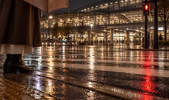 進む前に立ち止まる、雨の夜の赤信号のイメージ