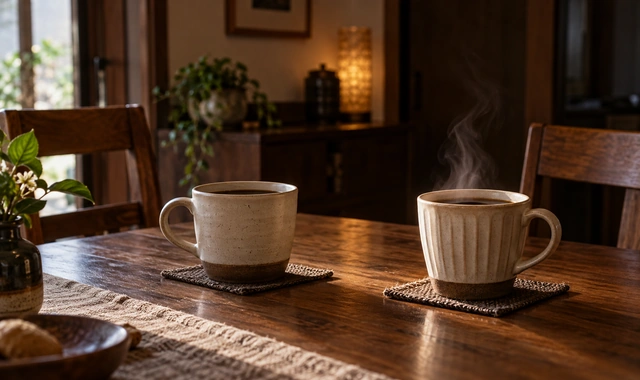 冷めたコーヒーと温かいコーヒーで表した、冷え切った夫婦と新しい気持ちのイメージ