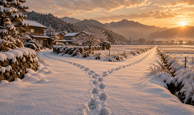 雪道で二手に分かれる足跡、これからの選択を考えるイメージ